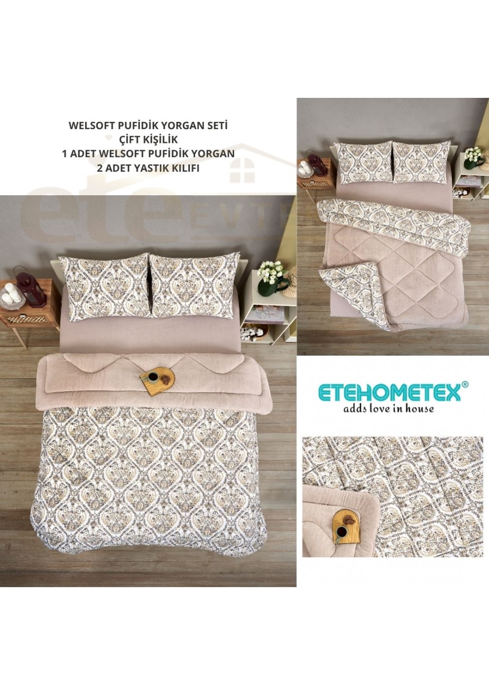 ETE HOMETEX ÇİFT KİŞİLİK LÜX WELSOFT YORGAN SETİ 195X215CM AKSU BEJ 8696474231869